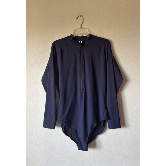 J Crew Women’s Size 16 Navy Blue Long Sleeve Zip Swimsuit Coastal Preppy Swim - Picture 1 of 6